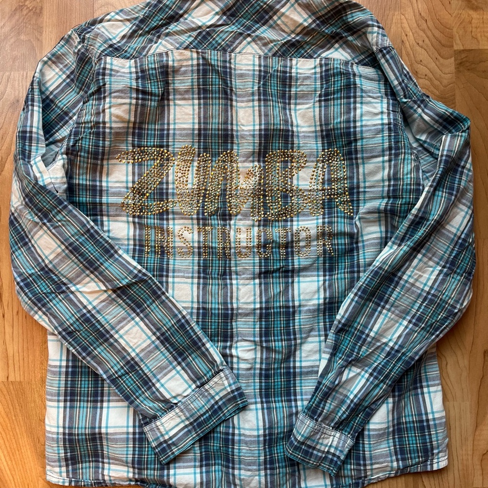 Zumba®️Plaid Flannel Button-Up Teal and Gold Sequin Shirt